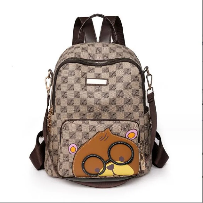 New Fashion Printed Plaid Leather Backpack Women Large Capacity Travel Shoulder Bags School Bag Casual Cartoon Backpacks Totes