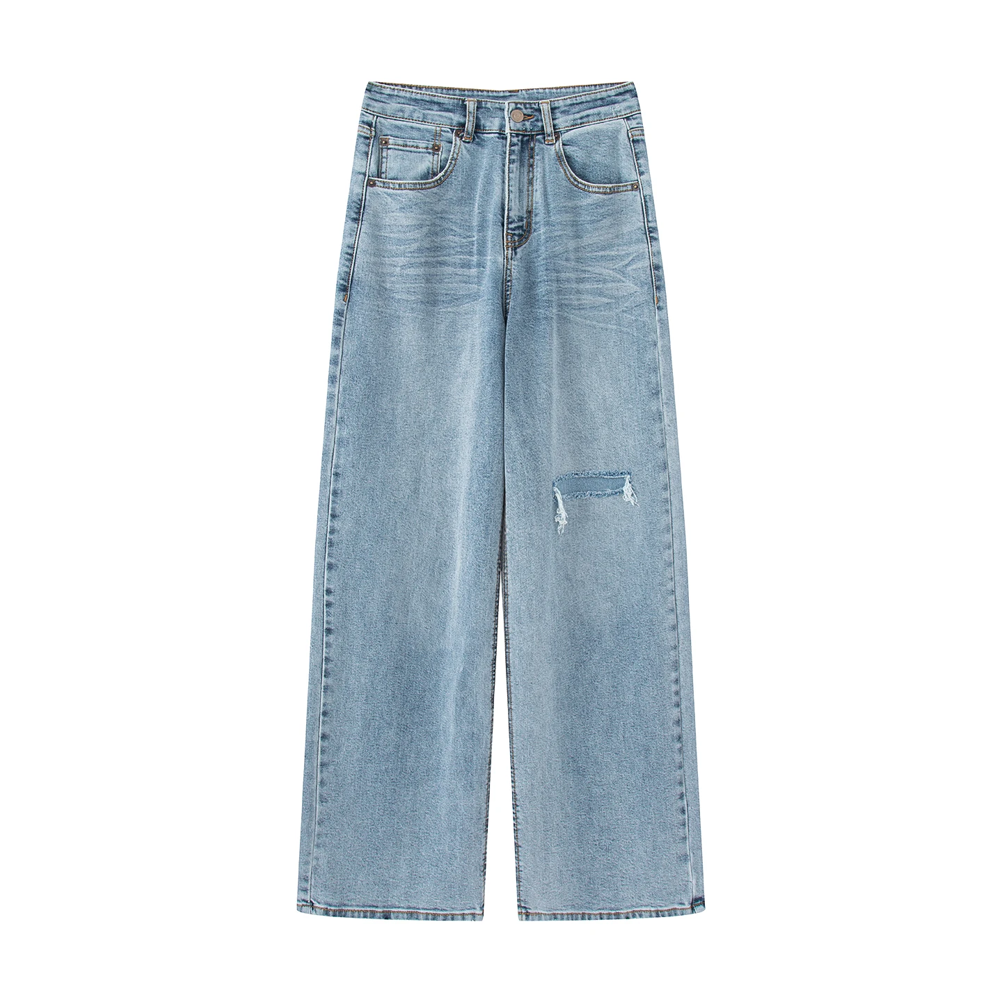 

American Style High Waist Wide Leg Denim Jeans Women's Ripped Loose Floor-Length Pants Autumn Casual Style No Stretch