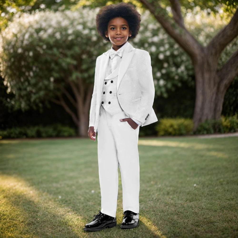 Classic Lapel Boys Suits 4 Pieces Blazer Vest Pants Bow Tie Elegant White Child Suit Set Wedding Ring Bearer Outfit