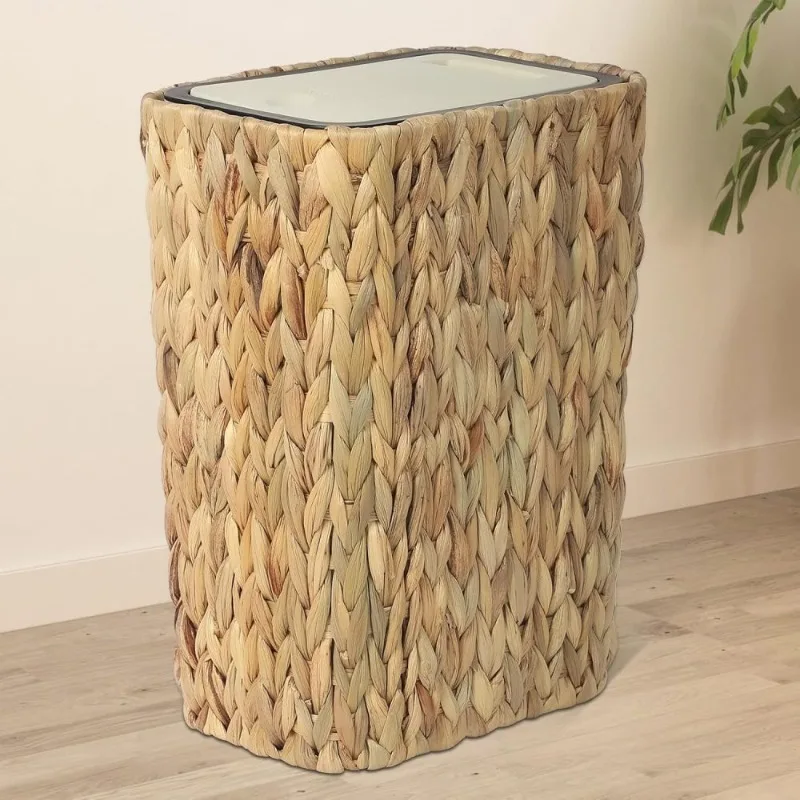 

2-In-1 Boho Rattan Trash Can Hamper With Press Lid 2.6Gallon Small Garbage Can For Bathroom Kitchen Living Room