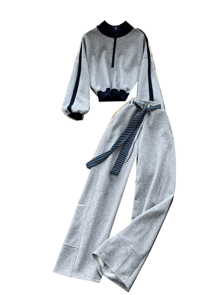 ชุดเซ็ตเสื้อฮู้ดแขนยาวสไตล์เรโทรอเมริกันสีตัดกัน กางเกงขายาวเอวสูงทรงขากว้างสำหรับผู้หญิง ชุดลำลองแฟชั่น