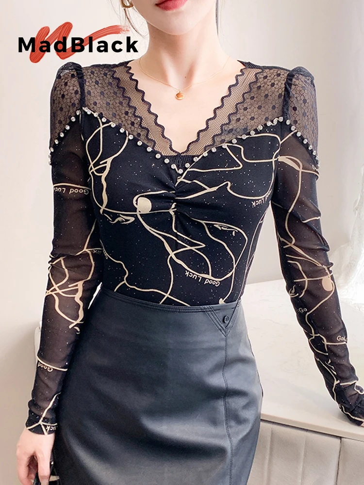 MadBlack-Women European T-Shirt, Sexy V Neck Diamond Print, Streetwear Long Sleeve Slim M-3XL Knit Tee, 2025 Autumn New T59734CC