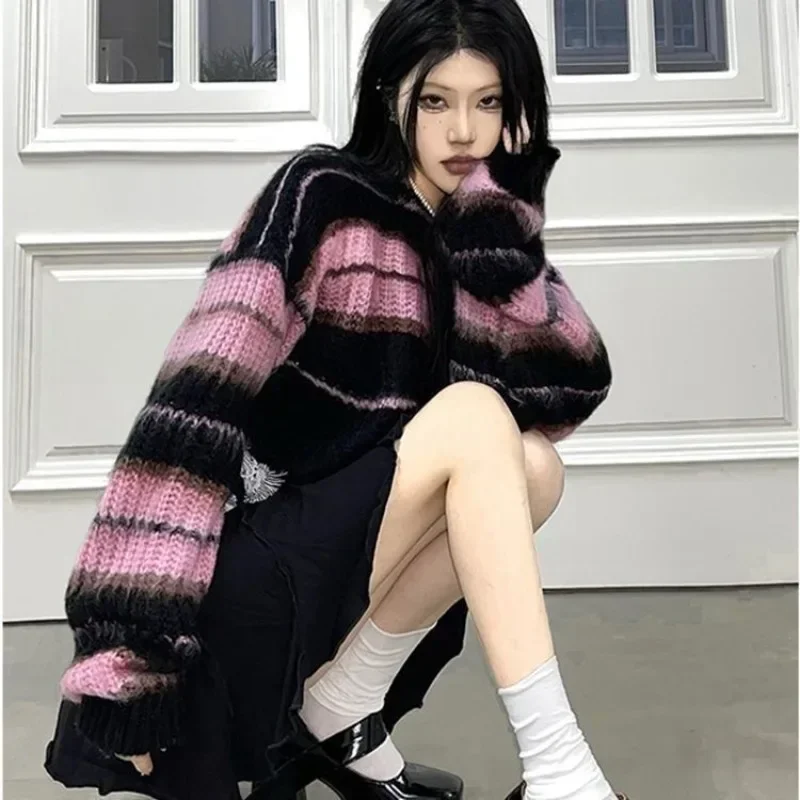 Korean Style Pink Cropped Sweater Autumn Y2K New Women Striped Jumper Vintage Female Long Sleeve Crewneck Pullovers Tops