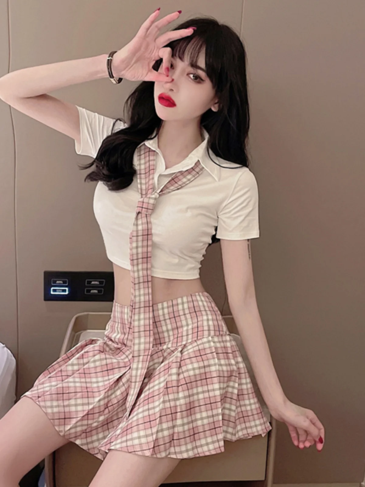 

Комплект клетчатой юбки в стиле преппи, женские летние новые плиссированные юбки, милый комплект из двух предметов, модный студенческий комплект из смеси хлопка