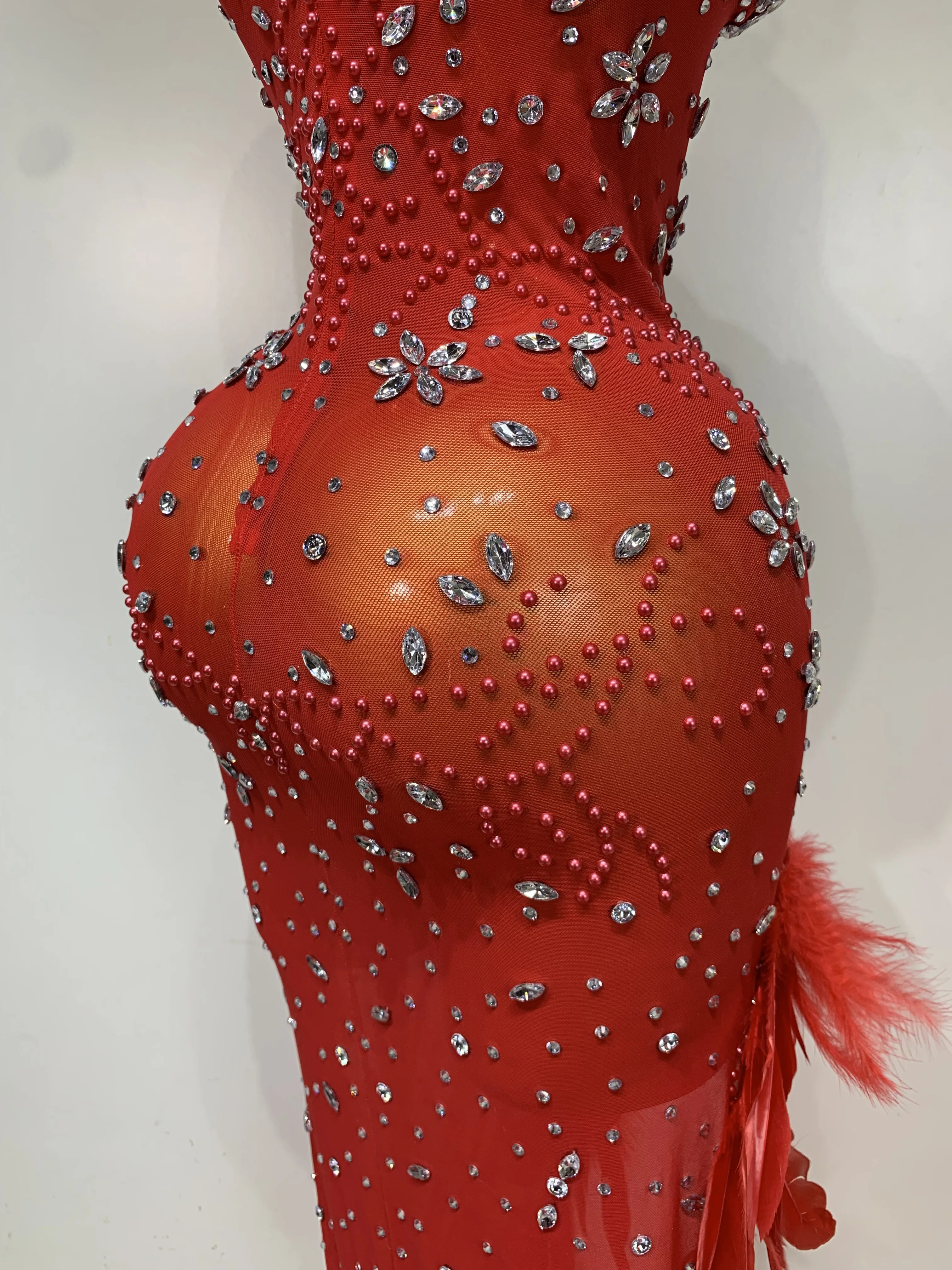 Women Sparkly Rhinestone Feather Mesh Transparent Maxi Long Dress Sexy Backless Birthday Evening Party Singer Stage Costume