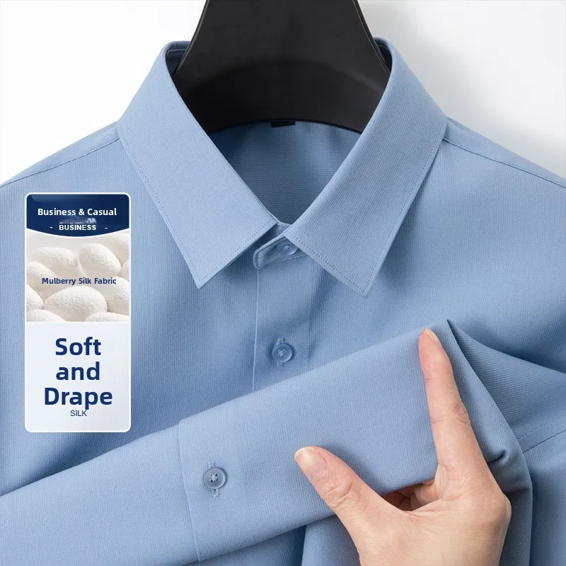 

High-End Men's Long Sve Silk irt Casual Pure Color Busin Formal irt Stand Fit Non-Iron Treaent Spring Autumn