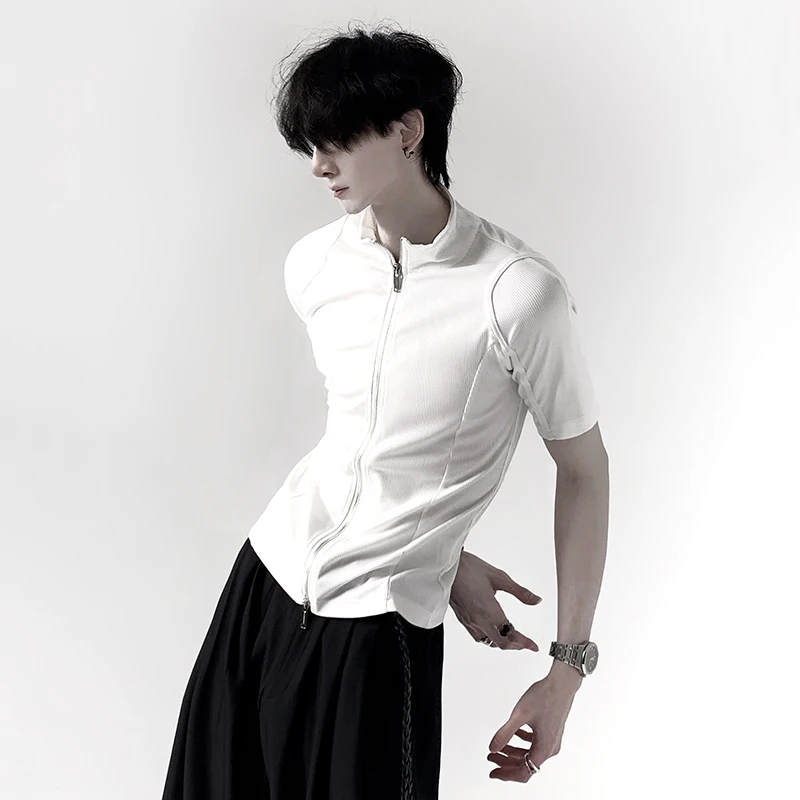 FEWQ قمصان رجالية على الطراز الكوري بياقة واقفة وسحاب تصميم بلون سادة من الحرير الجليدي وأكمام قصيرة سريعة الجفاف تي شيرت رجالي نحيف 24K4391 #6