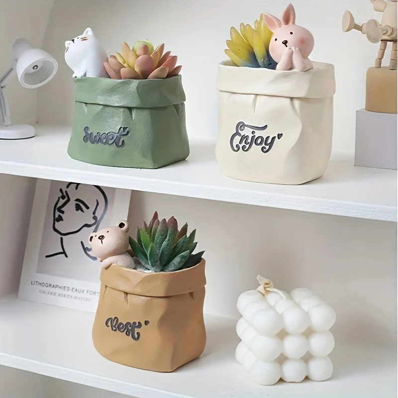 Creative Cartoon Paper Bag Animal Succulent Planter Cat Dog Rabbit Ins Style Flower Pot Tray