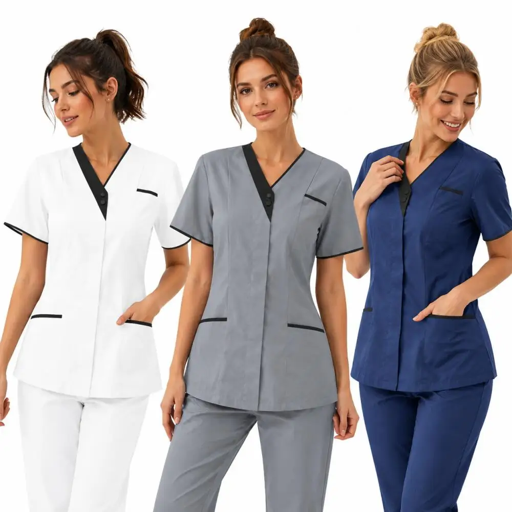 Women V Neck Scrub Set Contrast Trim Short Sleeve Top Elastic Waist Pants 2 Piece Medical Uniform Nursing Workwear For Nurse