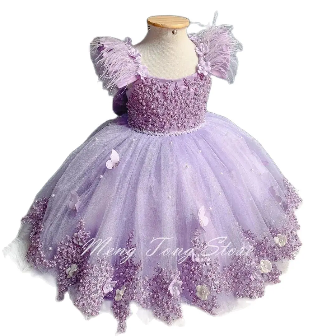 3D Butterfly Flower Puffy Tulle Dress, Pena com laço de pérolas, vestido de casamento roxo, festa de aniversário, luxo