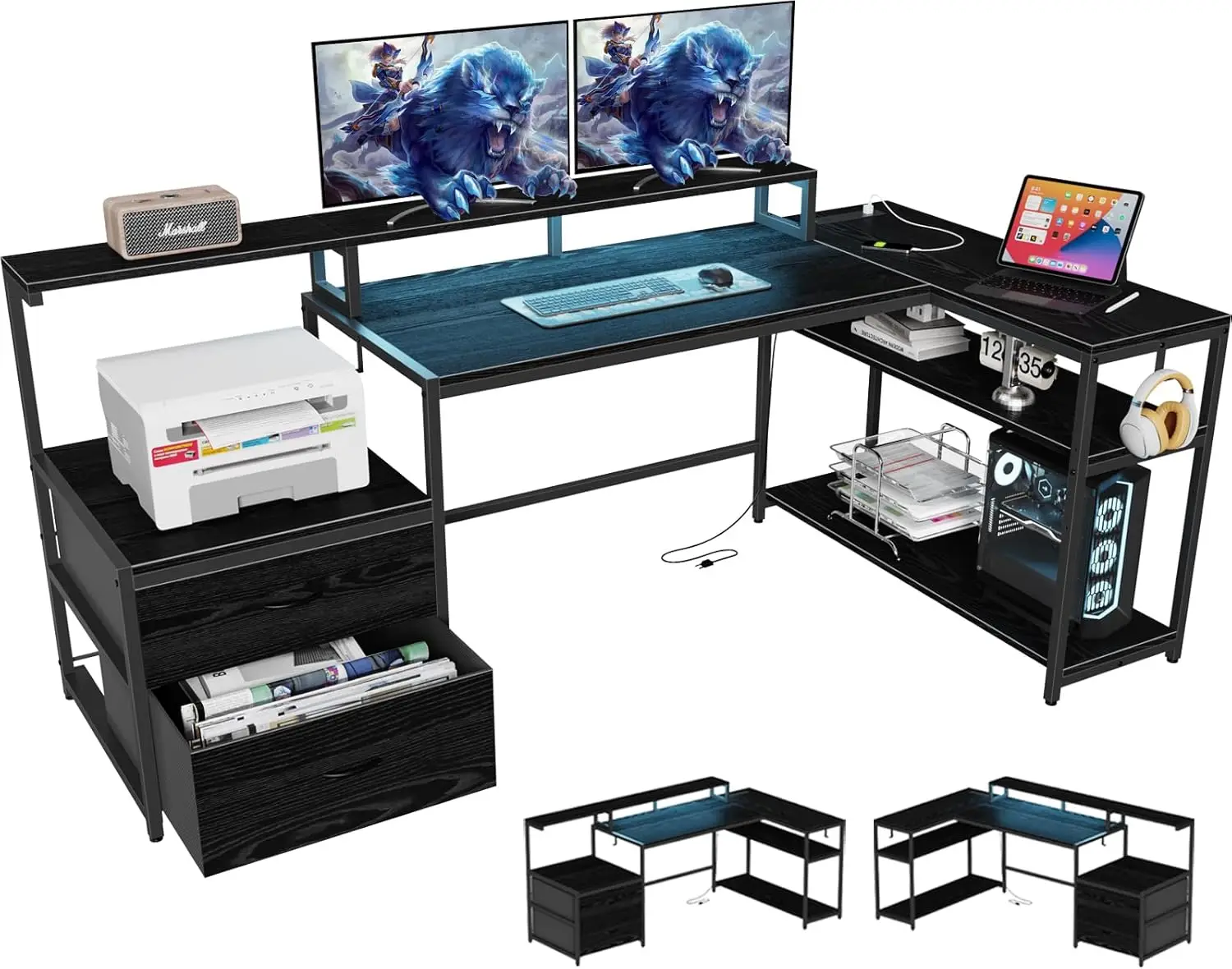 Bureau de jeu en forme de L avec égouts à proximité de fichiers, bureau à domicile avec lumières LED et prises de courant, bureau d'ordinateur réversible, noir