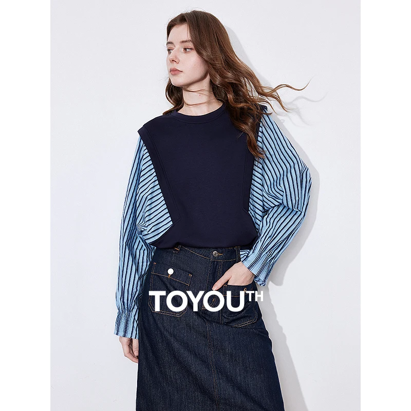 TOYOUTH Women Hoodies Sweatshirt 2025 Spring New Color Blocking Splicing Fake Two Piece Round Neck Pullover Tops