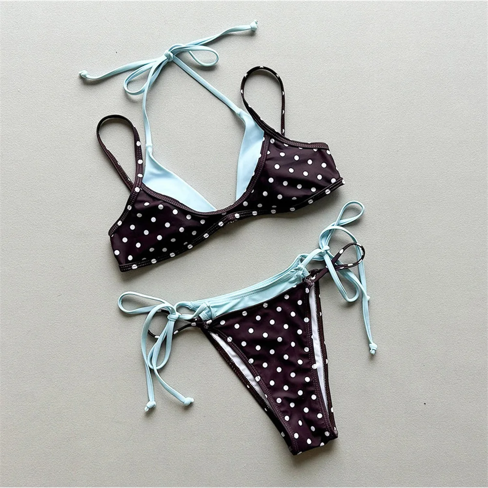 

Комплект бикини-стринги с принтом коричневого цвета, сексуальный женский купальник 2026, на завязках, с лоскутным дизайном, бразильский крой