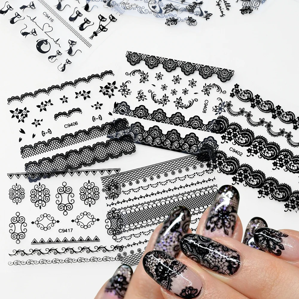 30pc Black Lace Flower Stripes Nail Stickers3D Sexy Hollow Black Lace Design Manicure Decals Self Adhesive Lace Slider For women