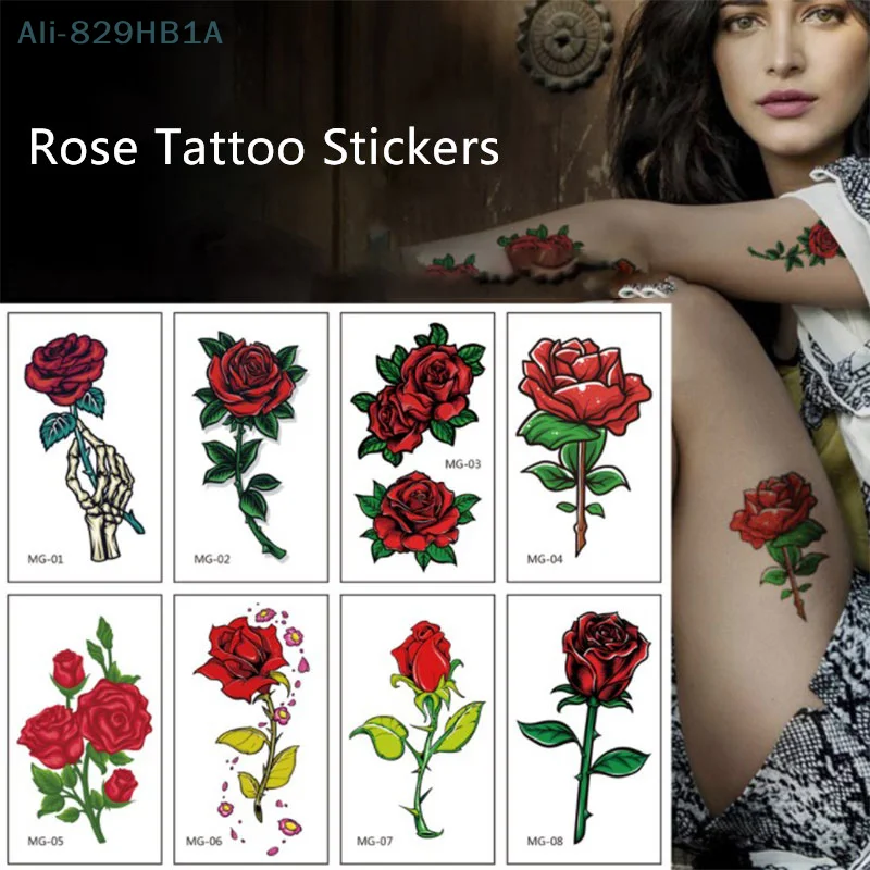 Pegatinas de tatuaje temporales impermeables, flor hermosa, rosa, Flash falso, Unisex