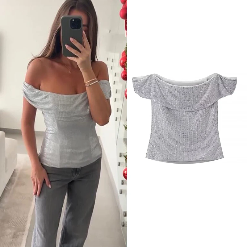 여성 오프숄더 탱크탑 2026 여름 신상 시크 섹시 반팔 반짝이 실 탑 여성용 홀로우 아웃 우아한 화이트 탑