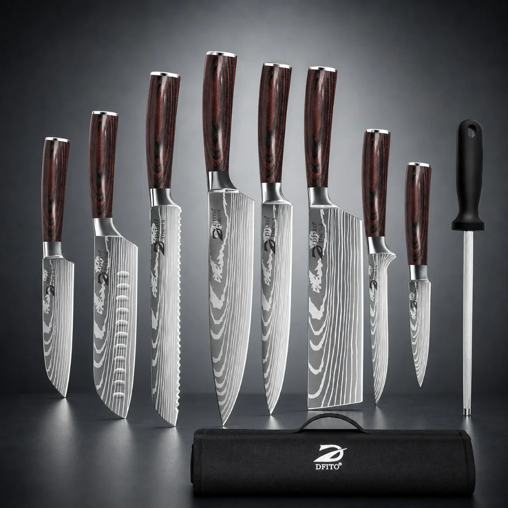 MDHAND 8PCS Damascus Stainless Steel Kitchen Knife Set Super Sharp Japanese Style Chef Santoku Cleaver Slicing Boning Utility Paring Knives Complete Cooking Cutlery Kit with Portable Protective Nylon Carry Bag for Home Kitchen Chef Use 3