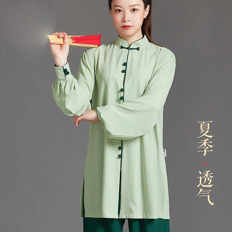 Premium Women's Lightweight Summer Tai Chi Practice Uniform - Breathable Mid-Length Hemp Blend Contrast Colo