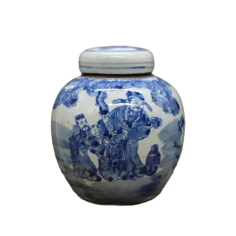 Porcelain collection of three star tea jar with blue and white figures made in Kangxi year of old Qing Dynasty in Beijing