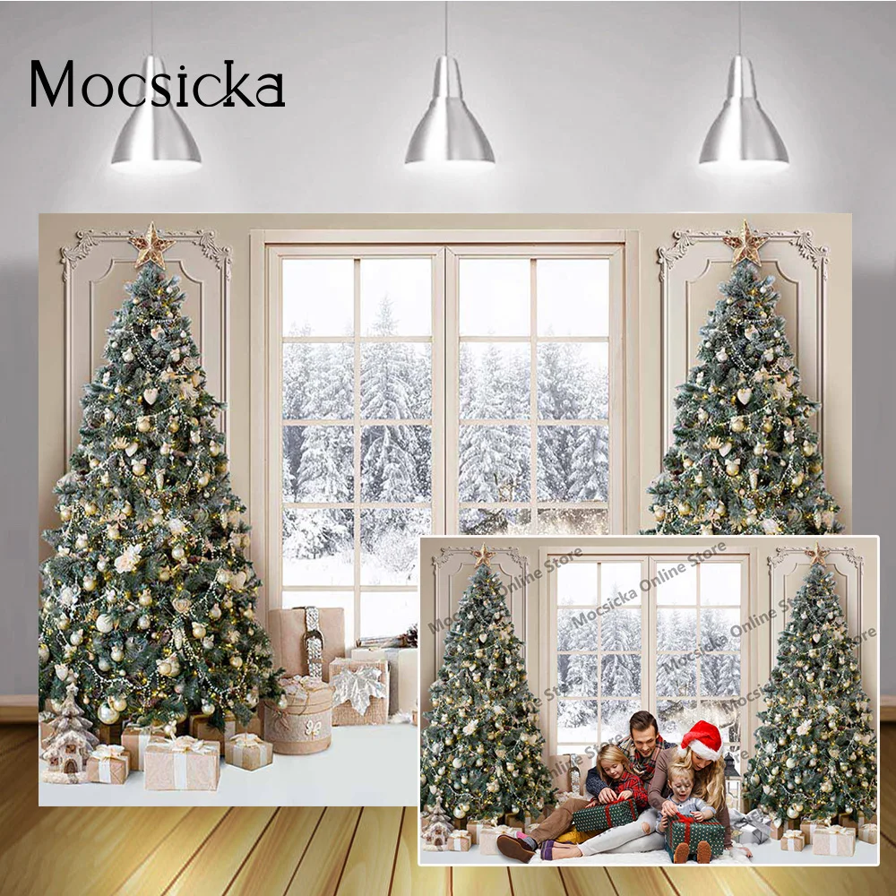 

Winter Window Wonderland Photography Backdrop Classic Retro Wall Christmas Tree Gifts Background Snow Forest Kids Portrait Decor