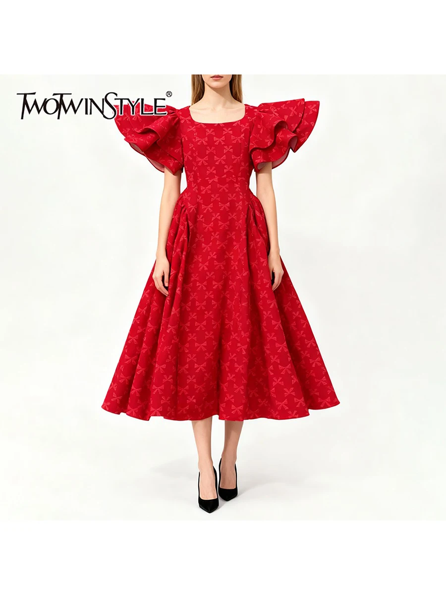 

TWOTWINSTYLE Solid Printing Spliced Ruffles Elegant Dresses for Women Square Neck Short Sleeves Patchwork Shirring Dress Female