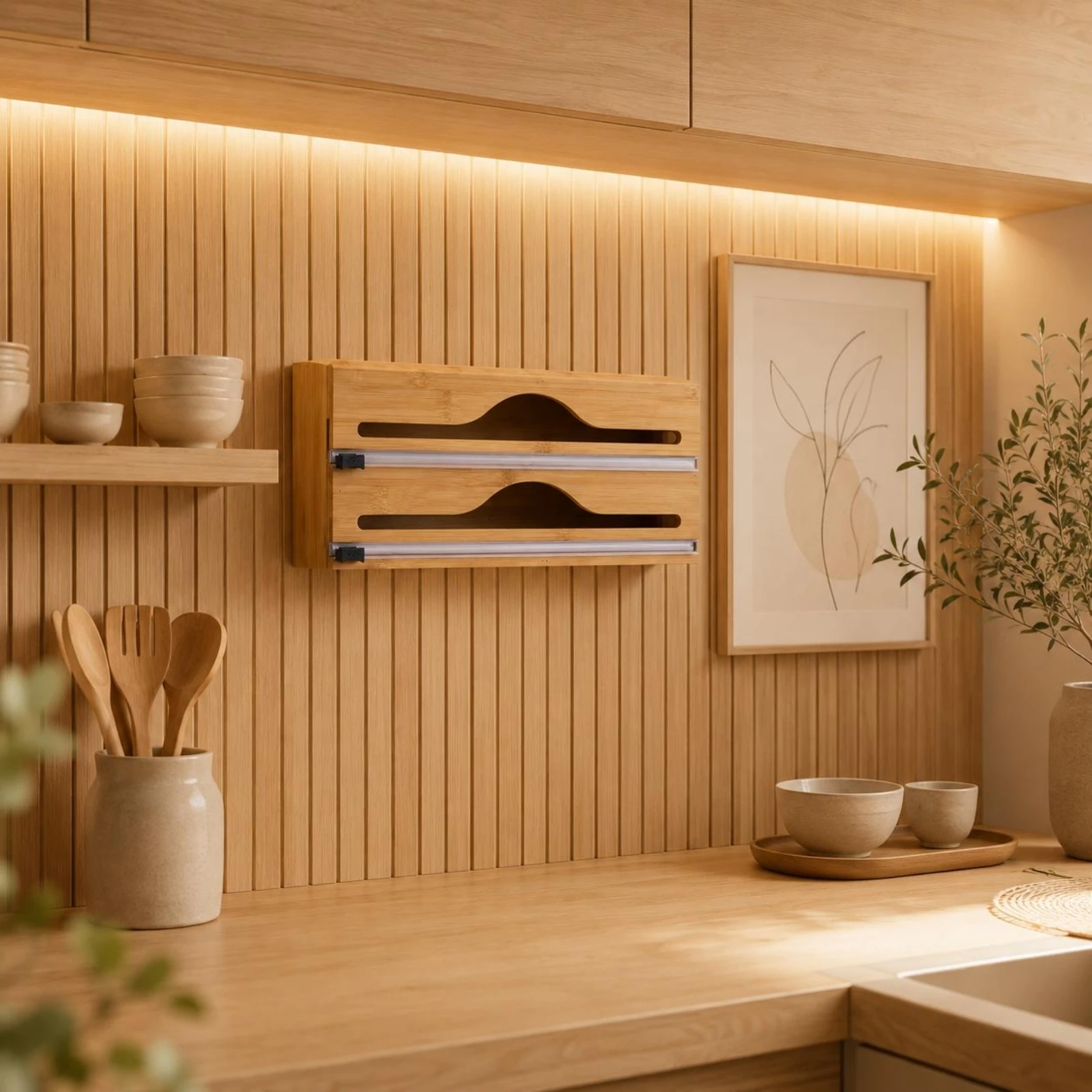 Wall-Mounted Cutter Box Front Cutting Slot Bamboo Foil Box Bamboo Wrap Organizer Curved Opening Plastic Wrap Holder Clean Cut