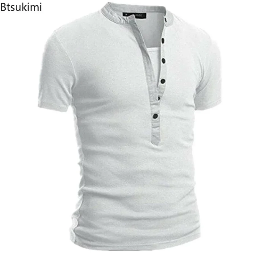 2024 Men\'s Summer Casual Shirts Solid V-neck Button Slim Fit T-Shirts for Men Fashion Short Sleeve Tees Tops Men Clothing S-3XL