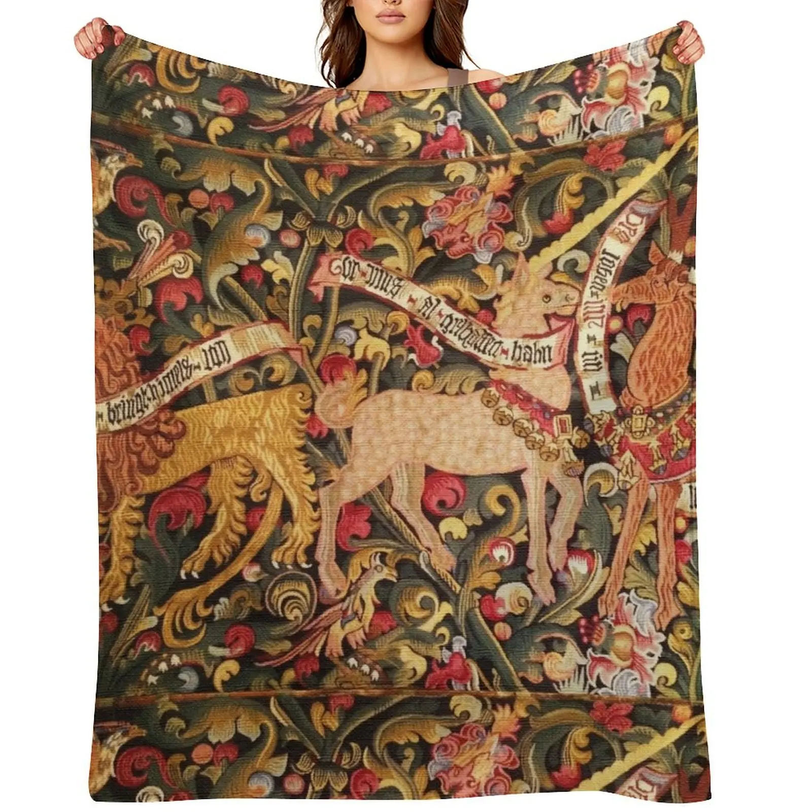 

UNICORN;DRAGON,LION,STAG AND OTHER ANIMALS Floral Medieval Tapestry Throw Blanket Flannel Plaid Blankets For Bed Blankets