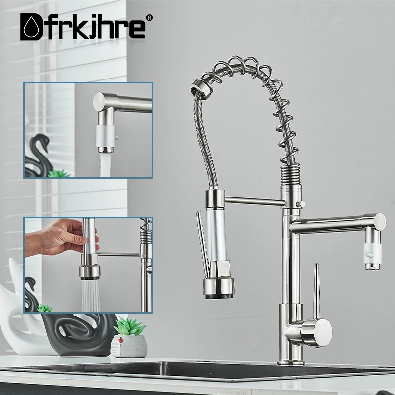 

Pull Down Brass Kitchen Sink Faucet Hot Cold Water Mixer Crane Tap with Dual Spout 360 Rotation High Faucet Deck Mounted