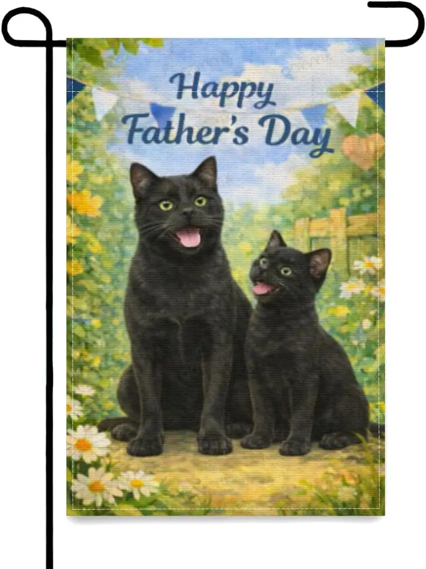Happy Father’s Day Garden Flag Black Cat Dad and Baby Double Sided Outside Yard Decoration Small Yard Flag 12x18 Inch Porch  MMZ