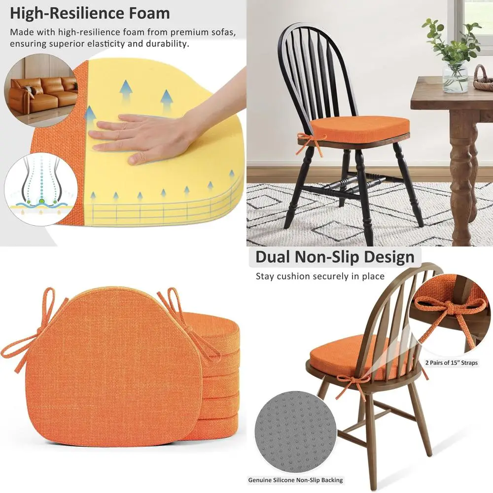 

Set of 6 High-Resilience Foam Windsor Dining Chair Seat Cushions with Ties, Textured Cover, 16.5 x 15.5 x 2, Burnt Orange