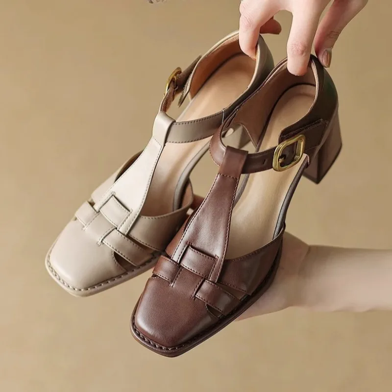 

Baotou Roman Sandals Women's Summer New Retro Square Toe Block Heel Cutout Woven One Strap Non-slip High Heels