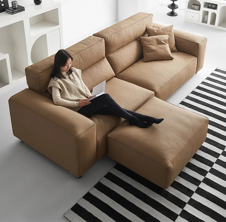 

Simple Straight Row Living Room Sofas High Backrest Tofu Block Shape Leather Italian Combination Down Sofa