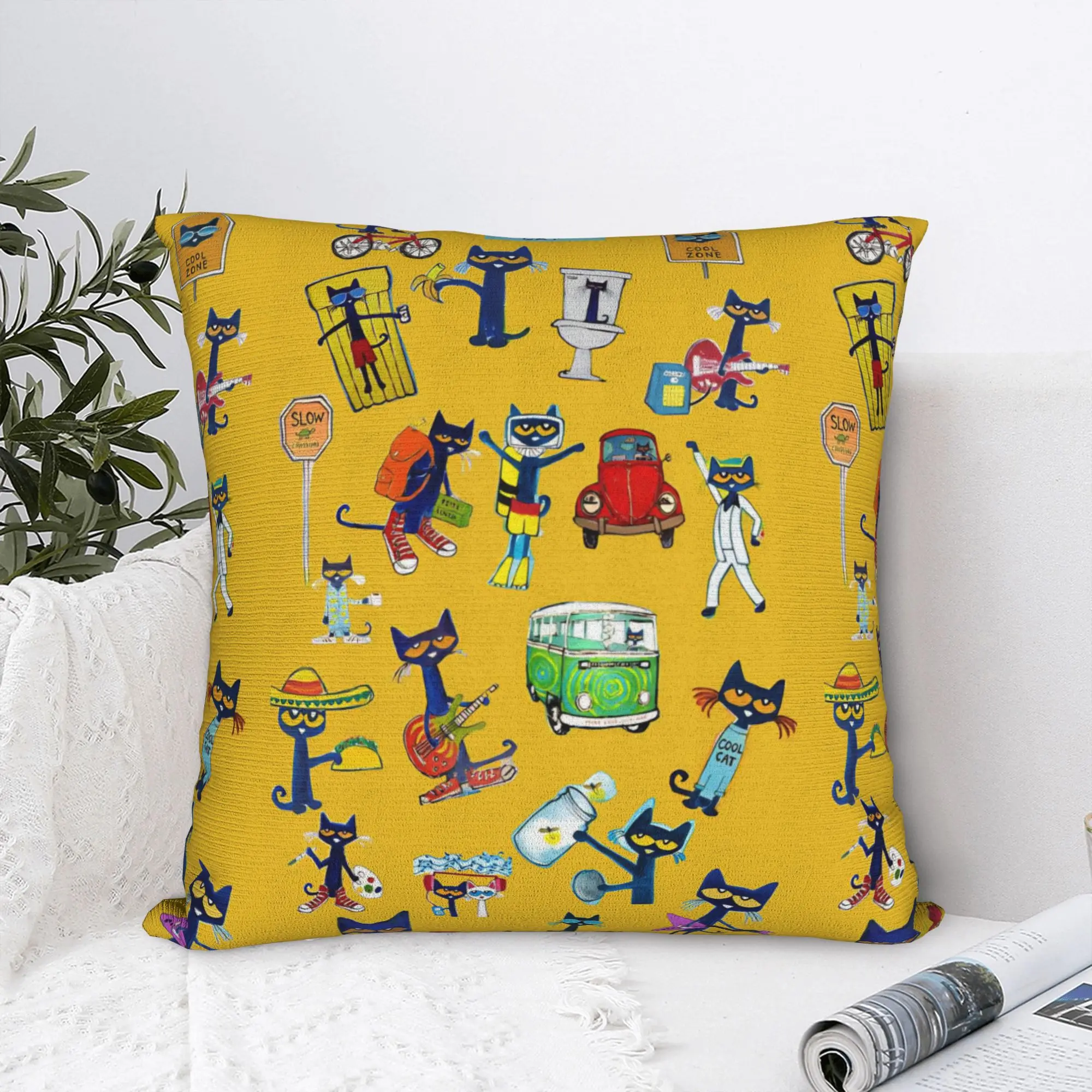 Petes the Cat  Square Pillow Covers Polyester Car Kitten Cushion Case Cute Decor Pillowcase 40*40