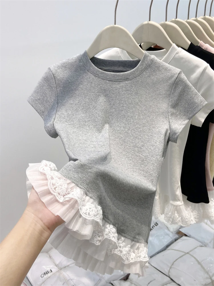 

Women's Lace Trim Short Sleeve T-shirt Floral Crochet Hem Casual Summer Top Blouse Ladies Fashion Tee Streetwear Holiday Outfit