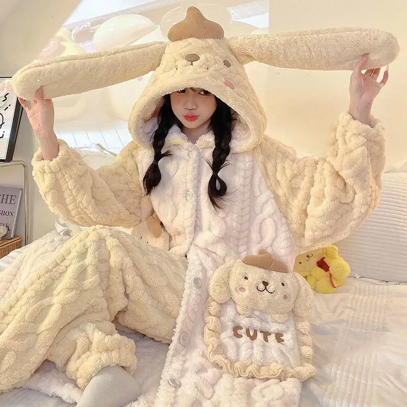 Kawaii Sanrios Pompon Purins Cartoon Pigiama Hello Kittys Ragazze Camicia da notte in velluto Inverno Addensare Accappatoio lungo Casual Abbigliamento per la casa