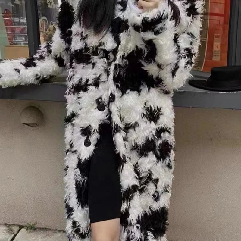 

Women Mid Length Coat Faux Fur Coats Jackets Turn Down Collar Lamb Wool Thick Y2k Streetwear Jacket Elegant Work Autumn Winter