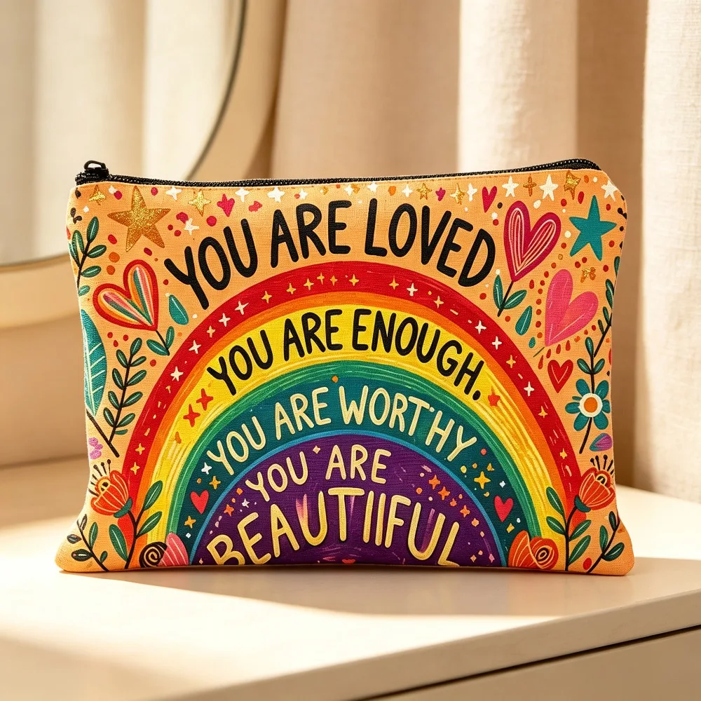Boho Rainbow Inspirational Quote Ladies Makeup Bag Colorful Floral Heart Design Portable Zipper Travel Toiletry Storage Pouch