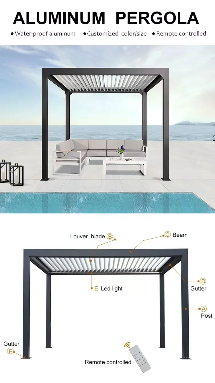 

Waterproof Gazebo Outdoor Bioclimatic Awning Louvre System Roof Pergola For Garden/Patio/Terrace/Restaurant/Hotel