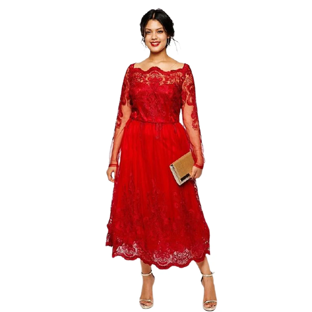 Customized Red Lace Plus Size Mother of the Bride Dress Sheer Long Sleeves Modest Tea Length Wedding Guest Gown Formal Attire