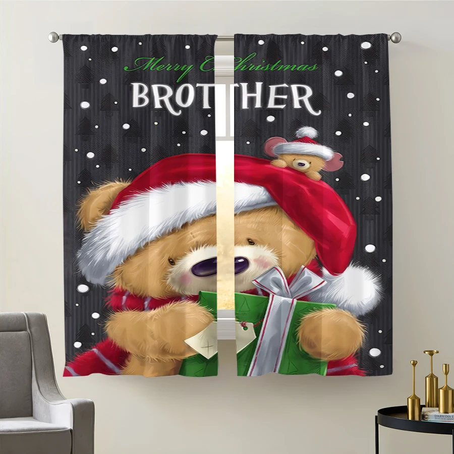 2PCS Christmas Curtains, Teddy Bear Gift, Digital Print, Bedroom Living Room Kitchen, Rod Pocket Polyester, Home Decor