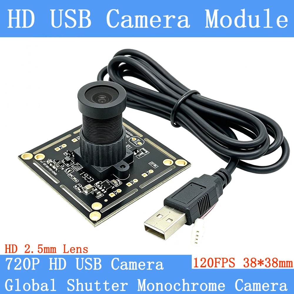 720P Webcam 120FPS Monochrome Global Shutter USB Camera Module High Speed OTG UVC Linux Mini CCTV Surveillance Camera 2.5mm Lens