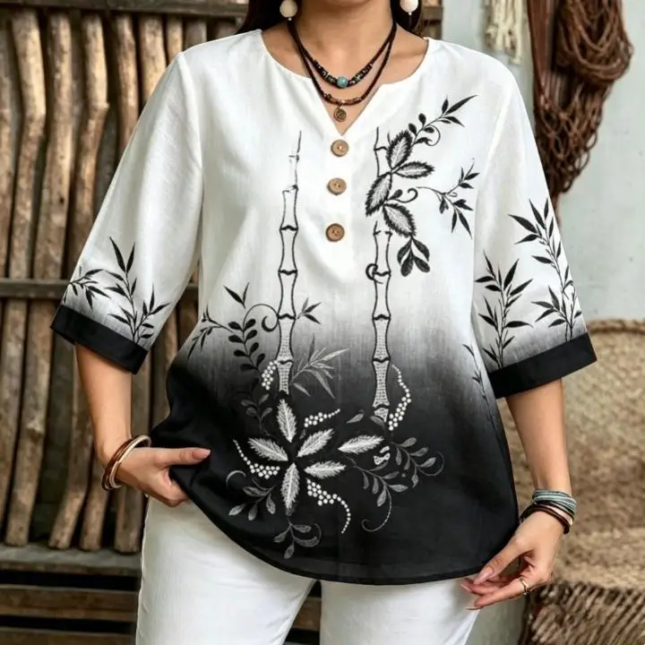 Women Gradient  Blouse Chinese Ink Lotus Bamboo Plum Floral Print V Neck 3/4 Sleeve Casual Tops