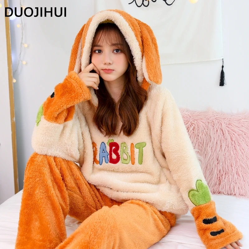 DUOJIHUI Winter Thick Warm Soft Hooded Pajamas for Women Korean Lovely Printing Loose Casual Fashion 2-colors Female Pajamas Set