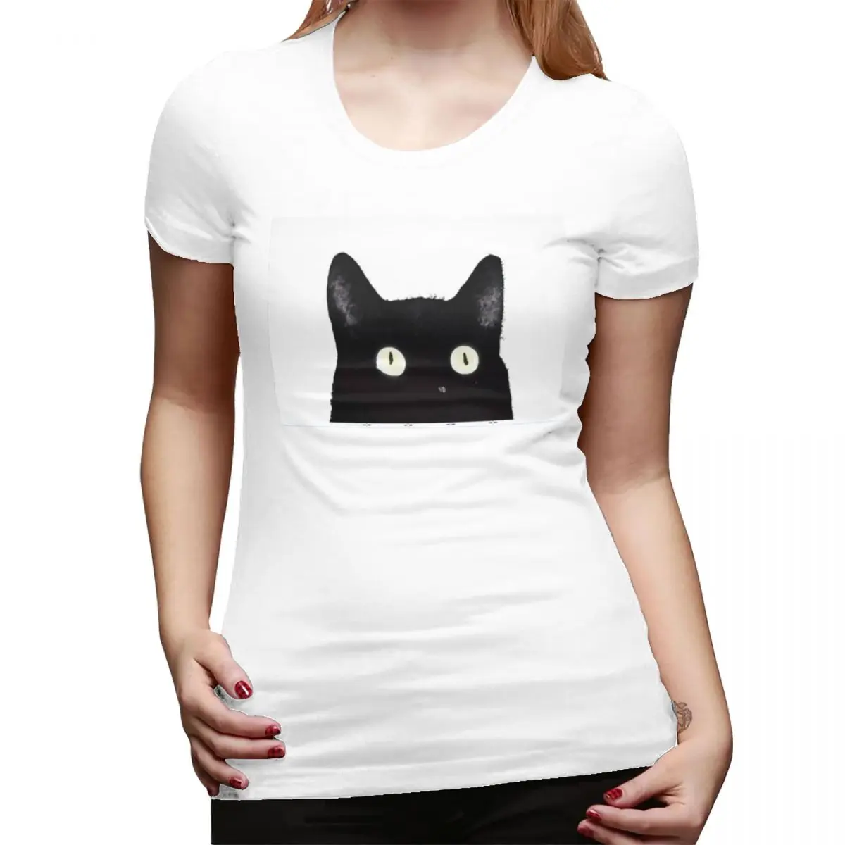 

Женская футболка с эффектом «Черный кот», уличная одежда с круглым вырезом, футболки, женские футболки, короткая летняя одежда, топы