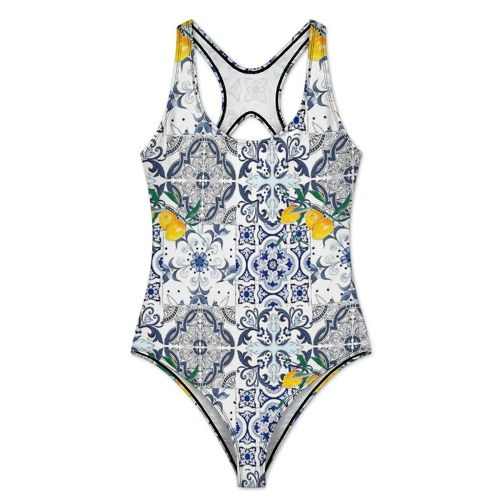 Majolica Lemon Swimsuit Sexy Blue Flowers Women Swimwear One-Piece Vintage Bodysuit Holiday Swim Push Up Cut Out Monokini