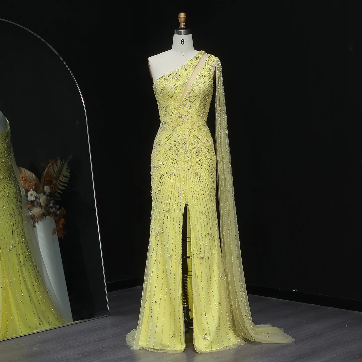 Sharon Said Elegant One Shoulder Beaded Mermaid Black Evening Gown with Flowing Cape Yellow Formal Party Dress SS317 Customized image 5