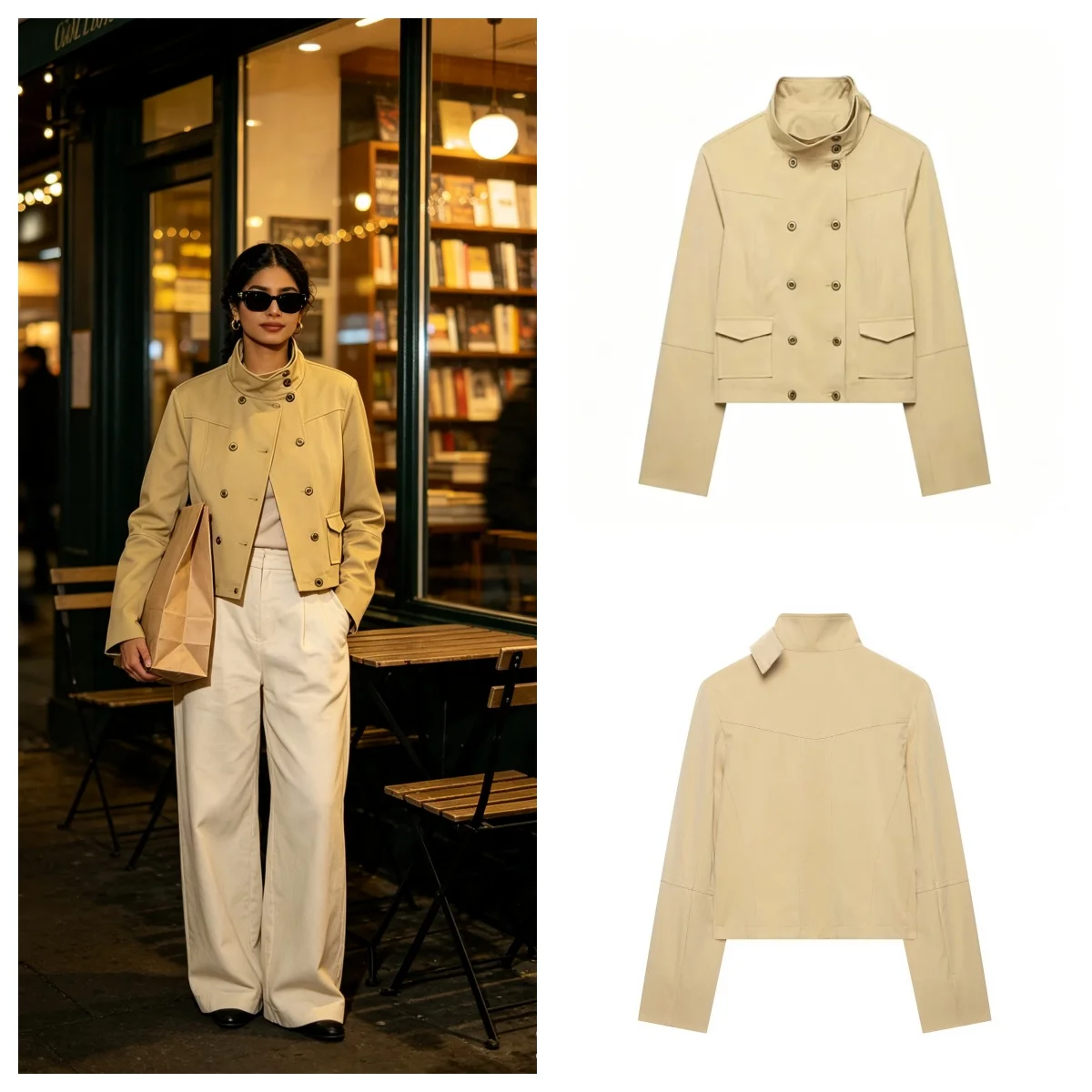 Guobioziy 2026 Women's Jacket Autumn New Arrival Pocket‑Decor Stand Collar Double Breasted Cropped