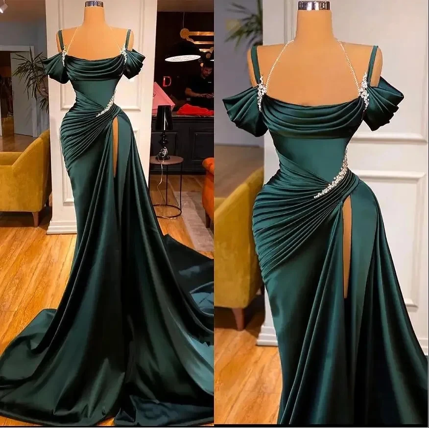 

Evening Dresses Vintage Long Satin Ruffled Mermaid Crepe Boat Neck Sweep Train Wedding Guest Dress Prom Dresses for Women