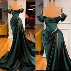 Evening Dresses Vintage Long Satin Ruffled Mermaid Crepe Boat Neck Sweep Train Wedding Guest Dress Prom Dresses for Women